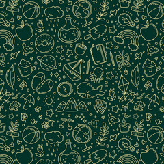 Hand drawn vector seamless pattern of summer and holiday doodle elements. Beach and warm weather related sketch objects