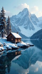 Fototapeta premium Rustic cabin nestled amongst snow-covered peaks by tranquil lake , nature, fir, winter wonderland