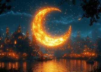 Glowing Ember Crescent Moon Above Serene Cityscape

