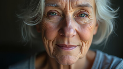 Close-up portrait of an elderly woman with silver hair, deep wrinkles, and blue eyes – wisdom, resilience, and aging with dignity