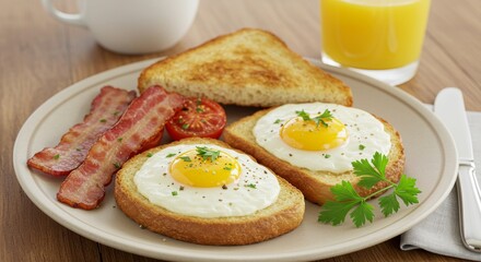 Delicious sunnyside up eggs on toast served with bacon for a hearty breakfast