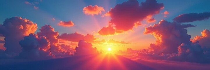 Naklejka premium Fiery sunset cloudscape, vibrant hues across blue sky, art, blue