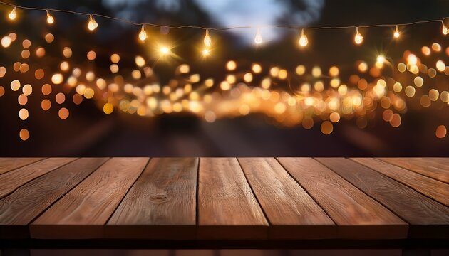 Fairy lights on a wooden table: A wooden table adorned with fairy lights arranged in an artistic pattern