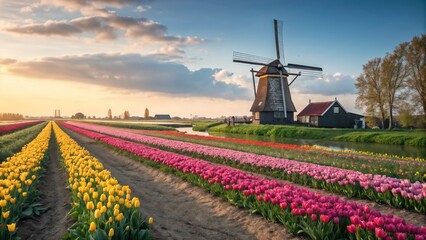 Misty tulip fields at sunrise with soft golden light