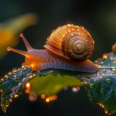 Dew-covered snail crawling on leaf at dawn, nature macro photography for websites or prints