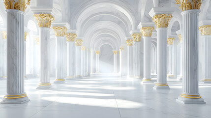 Fototapeta premium Elegant White Marble Hallway with Golden Columns Luxurious Interior Design