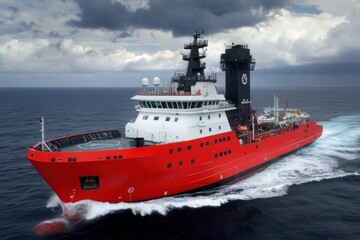 Obraz premium Majestic Red Research Vessel Navigating Through Deep Blue Ocean Under Dramatic Cloudy Sky, Emphasizing Strength and Innovation in Marine Exploration