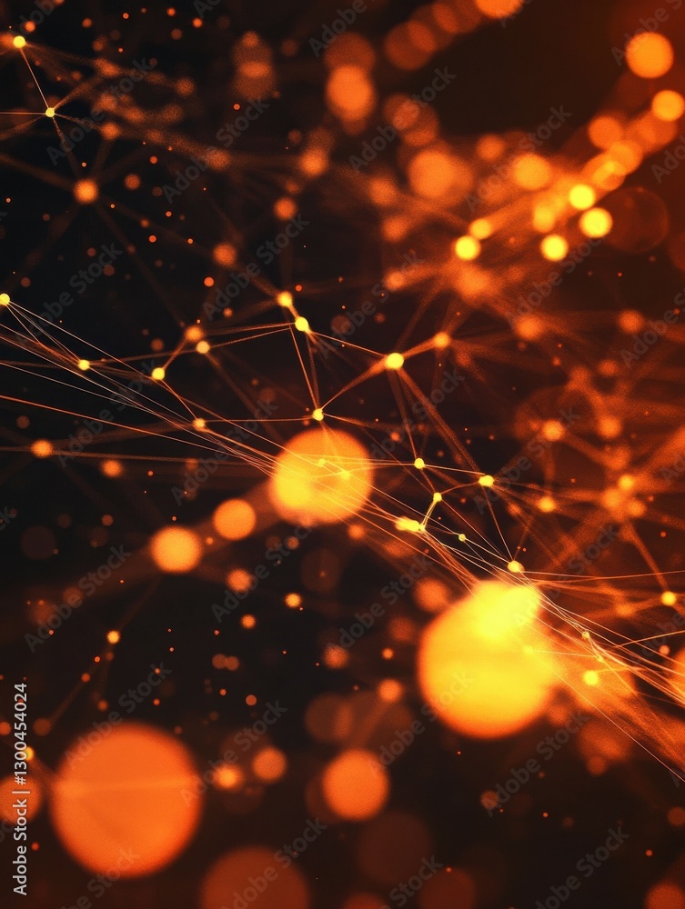 Poster abstract glowing orange network lines and dots with bokeh on a black background.