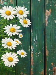 Fototapeta premium chamomile flowers on green wooden background