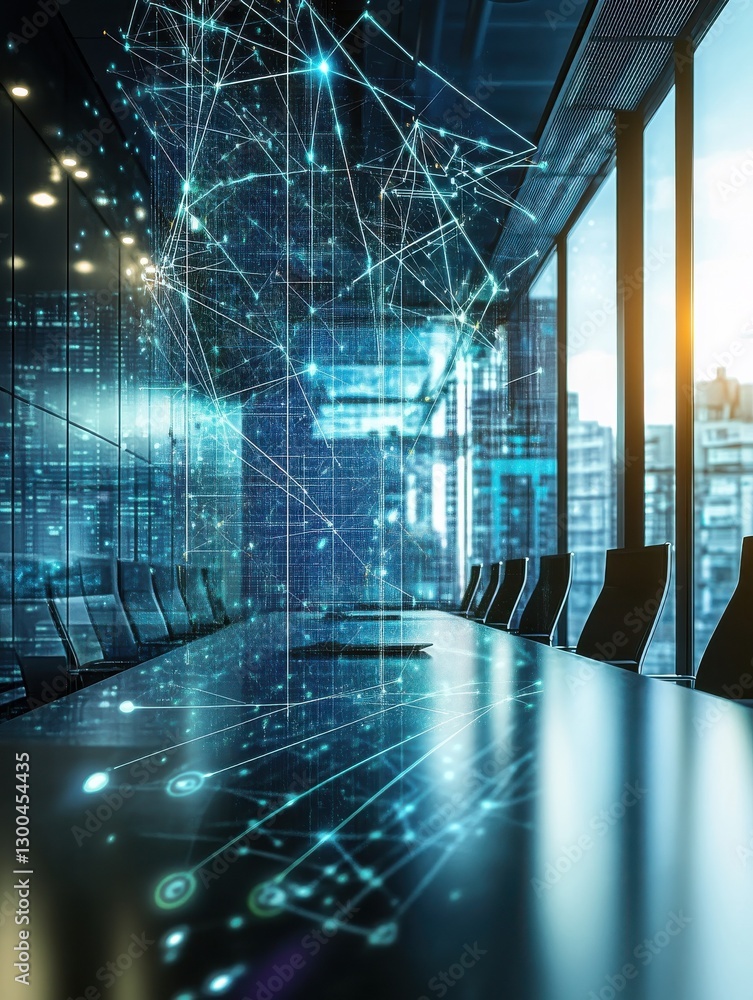 Poster business presentation in a conference room with a digital network overlay of glowing lines represent