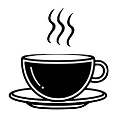 A simple line drawing of a coffee cup with steam rising, placed on a saucer. The design is minimalistic and elegant.