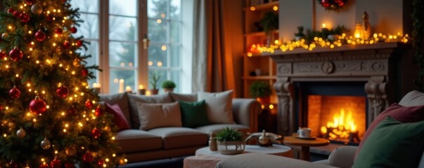 Christmas tree decorated with lights and ornaments in a cozy living room, decoration, interior