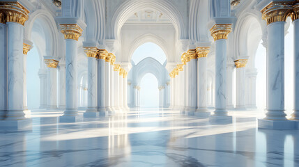 Fototapeta premium Grand Marble Palace Hallway Serene White and Gold Interior Design
