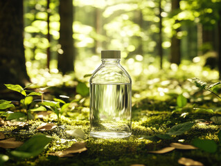 Clear water bottle surrounded by lush green forest in sunlight