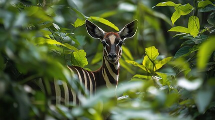 Elusive okapi partially hidden in dense rainforest foliage in natural habitat