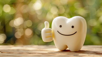 Cheerful tooth character giving a thumbs-up gesture, set against a blurred natural background, promoting dental health