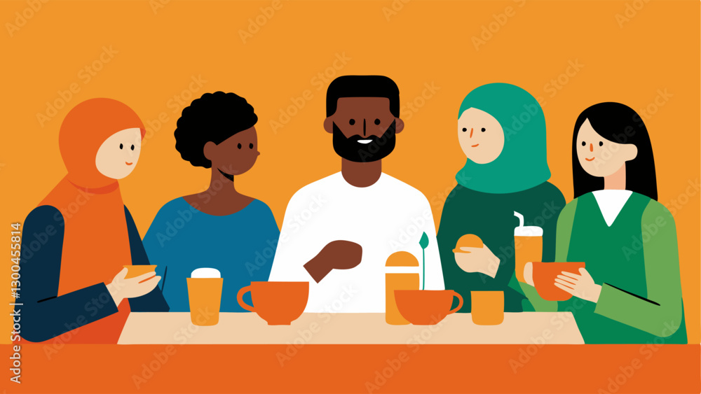 Poster unity in diversity civilians from various backgrounds and ethnicities sharing a meal together in a r