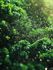 Futuristic digital network overlaying green foliage