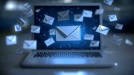 Laptop with Code and Floating Email Icons, A laptop displaying code with floating email icons, symbolizing digital communication and technology