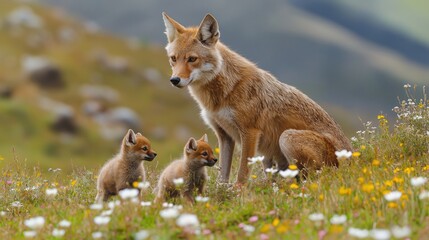 Ethiopian wolf mother with two cubs in colorful alpine meadow at sunrise