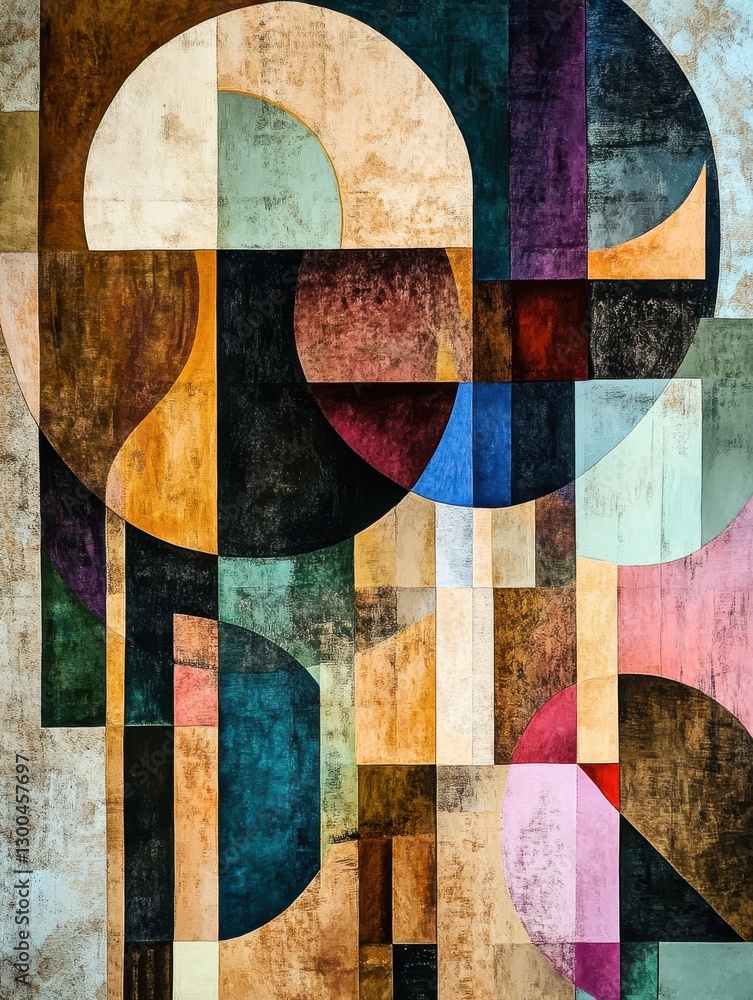 Poster colorful abstract composition with geometric shapes in various sizes and earthy colors, creating a m