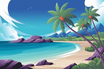 Tranquil Tropical Beach with Palm Trees and Mountainous Horizon.