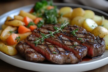 Steak with vegetables, plate, indoor setting