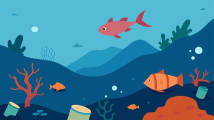 Fototapeta premium Underwater Scene A beautiful coral reef overtaken by a blanket of plastic bags and bottles with fish struggling to navigate through the debris.