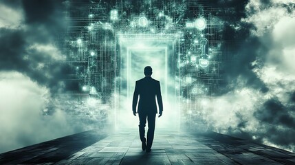 Fototapeta premium A silhouette of a man in a suit walking towards a glowing digital portal framed by clouds, symbolizing opportunity and exploration.