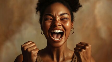 A joyful woman celebrates with a big smile, raised fists, and expressive facial features. The scene captures pure happiness and energy.