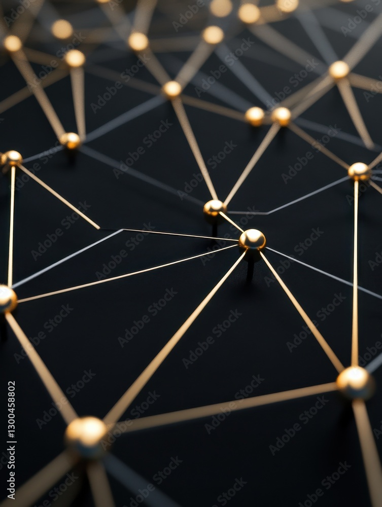Poster abstract network of interconnected pins on a black surface.
