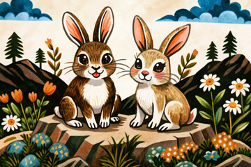 two rabbit in mountains landscape abstract cartoon illustration
