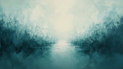 A serene abstract landscape featuring tranquil waters and misty surroundings, evoking feelings of calmness and introspection.