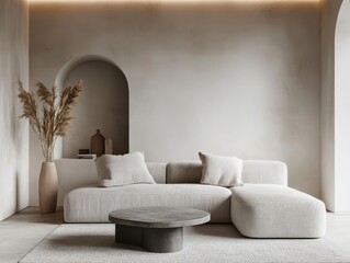 The interior image depicts a contemporary living room setting