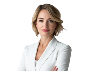 Professional woman in white suit poses confidently for portrait