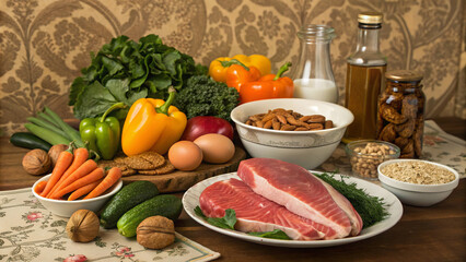 Paleodiet (Stone Age Diet) - meat, fish, eggs, vegetables, fruits, nuts, seeds, herbs, mushrooms, natural oils (olive, coconut, avocado), honey. Great for advertising fitness, restaurants and healthy 