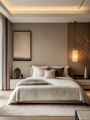 This image of the bedroom features a modern and minimalist aesthetic