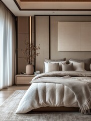 A serene bedroom features a minimalist modern elegant design scheme