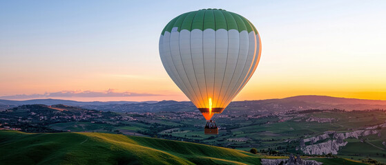 Inner Peace, Mental Health concept. Colorful hot air balloon soaring over lush hills at sunset.