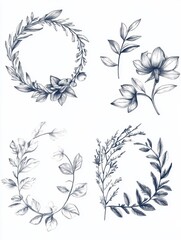 Minimal botanical wedding frame elements on white background. Set of wreath, flowers, leaf branches in hand drawn pattern. Foliage line art design for wedding, card, invitation, greeting, logo.