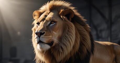 Majestic lion with shimmering fur in virtual reality environment,  nature,  scenery