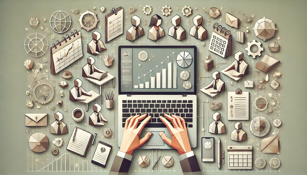 Origami-style virtual workspace with a laptop, hands typing, business charts, digital collaboration icons, and paper-folded office supplies in a professional setup