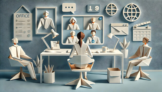 Origami-style professional office scene with a woman attending a virtual meeting, seated at a paper desk with a computer screen displaying four video call participants. The environment, including offi