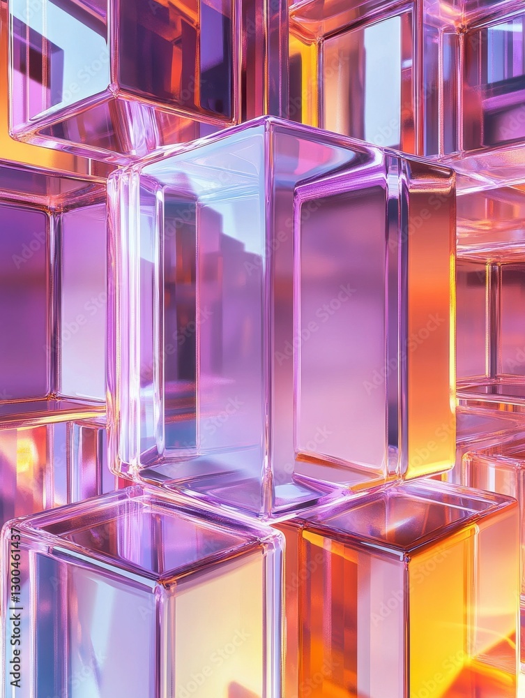 Poster neatly aligned glossy cubes. violet and orange, futuristic tech background. 3d render.