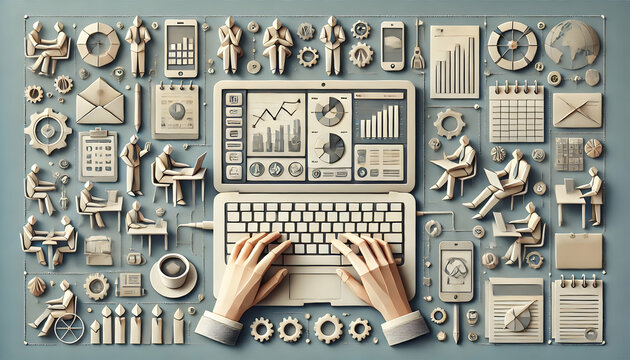Origami-style virtual workspace with a laptop, hands typing, business charts, digital collaboration icons, and paper-folded office supplies in a professional setup