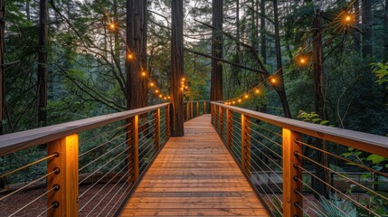Serene Forest Pathway with Warm Lights and Lush Greenery Surrounded by Majestic Trees at Dusk