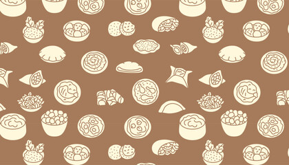 Beige silhouette pattern of Middle Eastern cuisine on a brown background