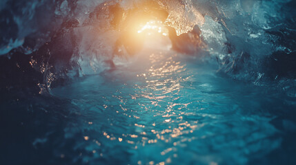 Fototapeta premium Breathtaking sunrise inside a glacial ice cave in Iceland, with prismatic light refraction through ice crystals. The turquoise meltwater pool reflects intricate geometric patterns.
