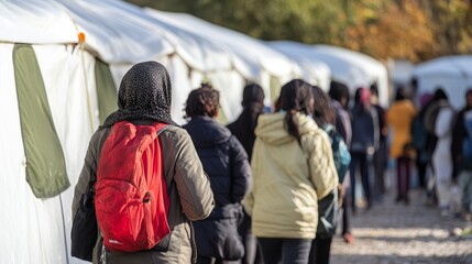 People stand in line near tents waiting.