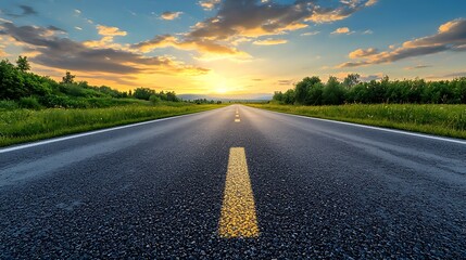 Empty asphalt road stretching into a beautiful sunset landscape